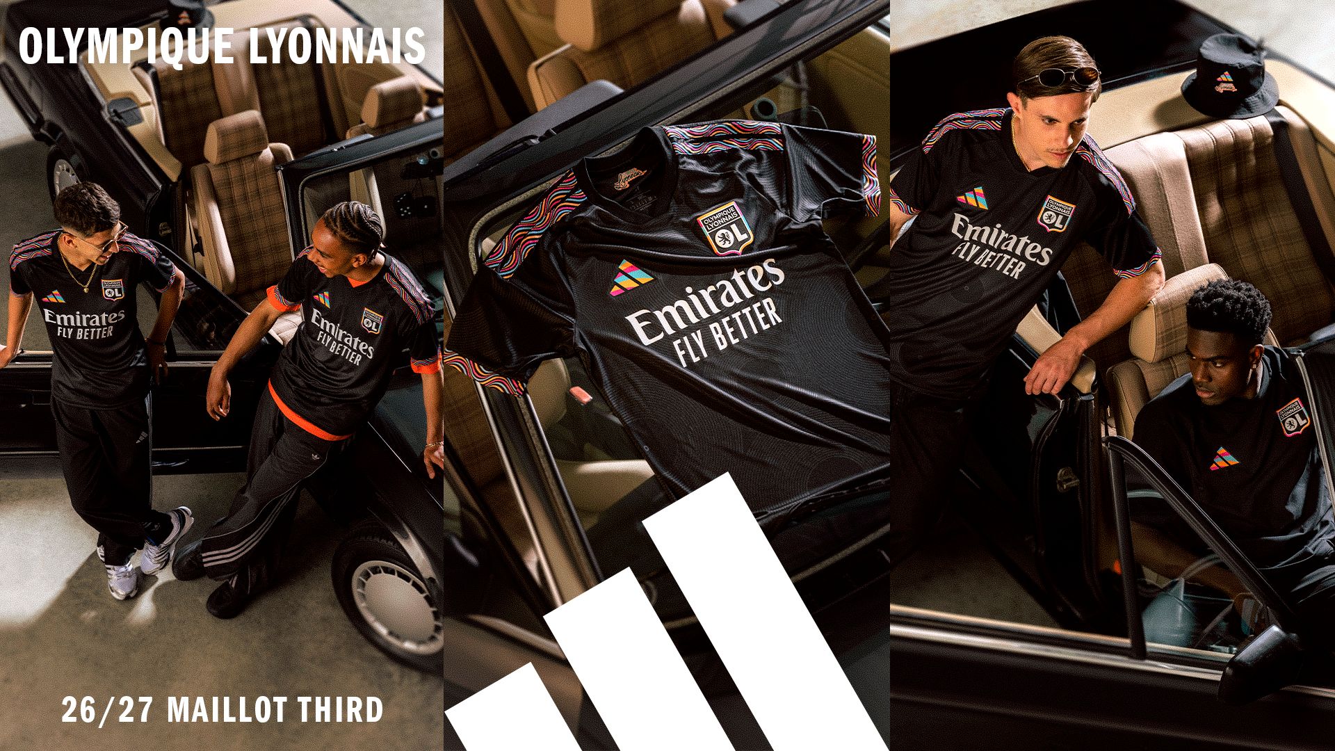 Le maillot third 2026-27 de l'Olympique Lyonnais, noir, orné de bandes ondulées multicolores aux manches et au col, présenté à plat sur une voiture et porté par trois mannequins